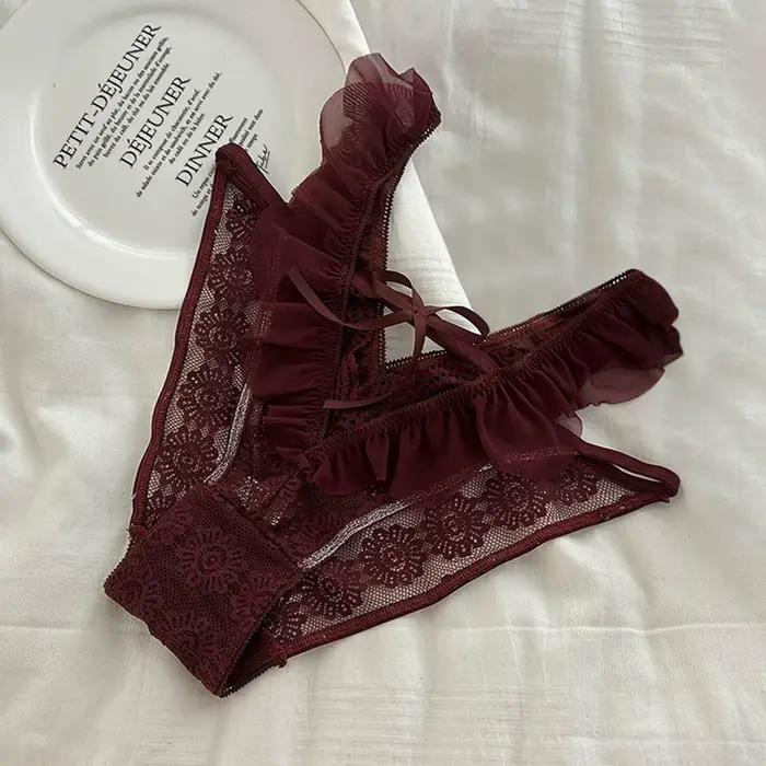 Sous-vêtements en dentelle sexy pour femmes, culotte fine, pantalon triangle, bord à volants, sans l