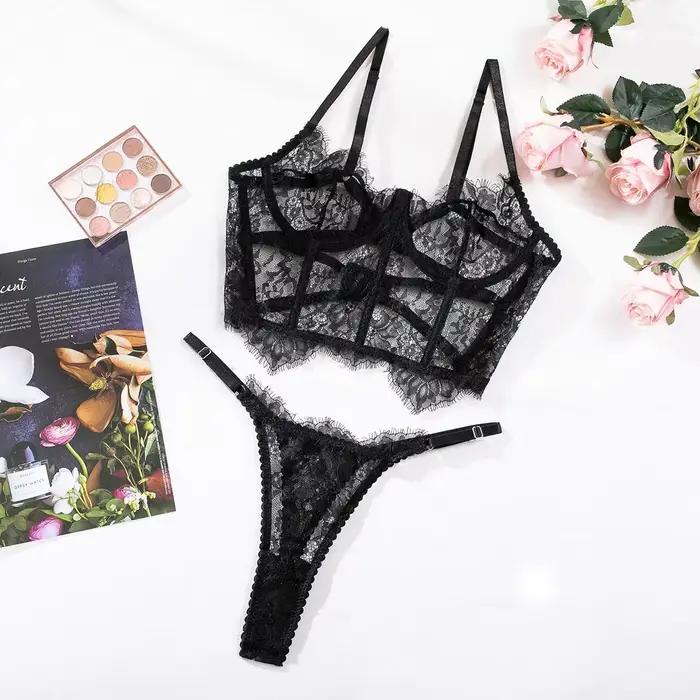 Bustier dentelle florale ensemble de Lingerie Sexy soutien-gorge bref ensembles femmes sous-vêtement