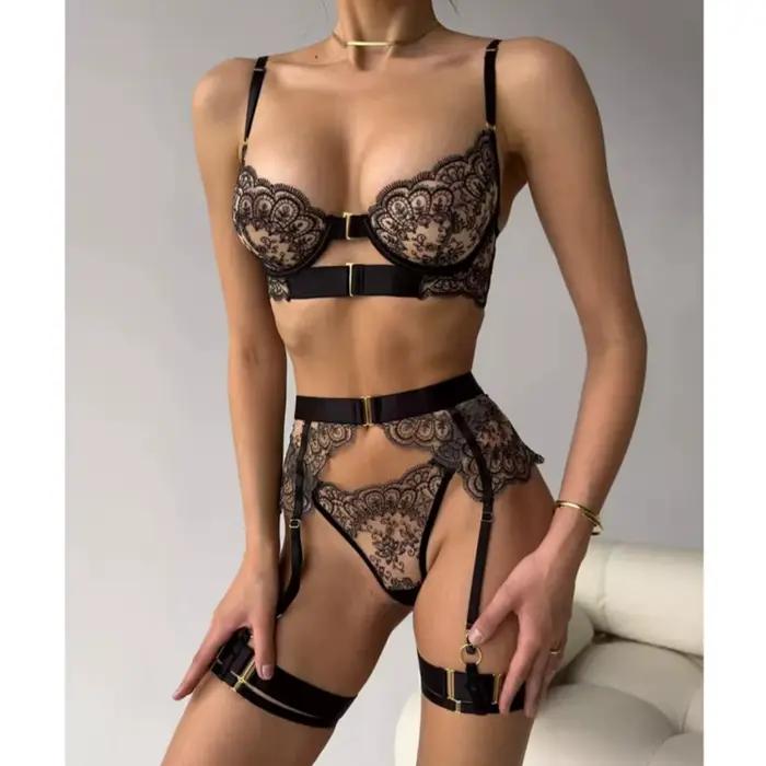 Krasapt luxe noir fleur broderie Lingerie 4 pièces ensembles fantaisie maille Transparent métal bouc