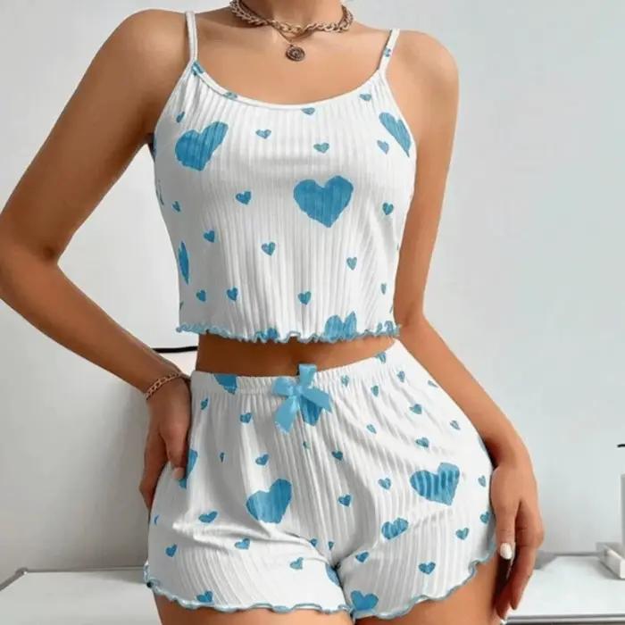 Ensemble de pyjama confortable pour femme avec motif cœur, nœud, tenue d'intérieur deux pièces, pyja