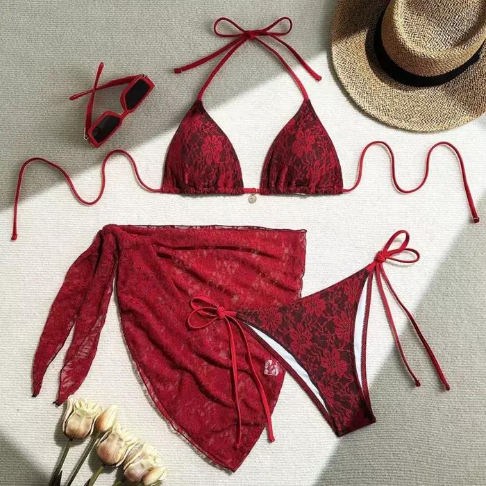 Maillot de bain en dentelle pour femmes, ensemble deux pièces, sexy, pour la plage, style brésilien,