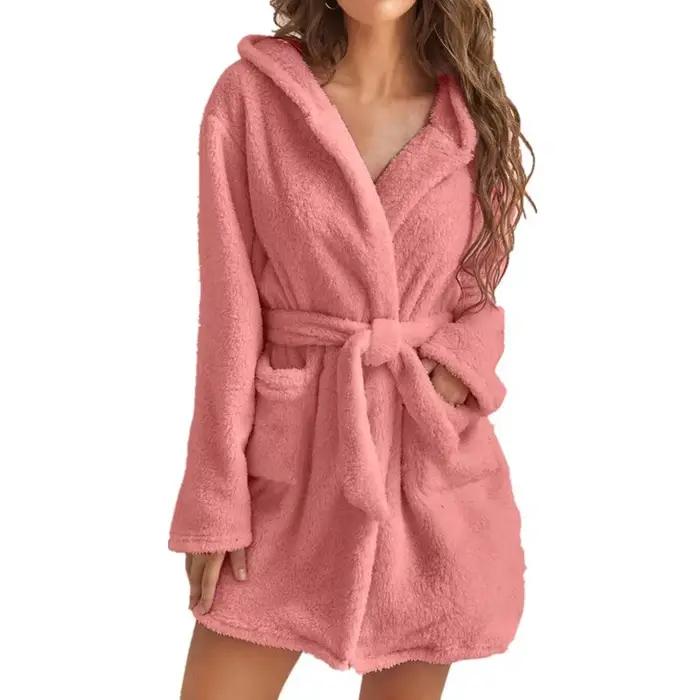 Hiver femmes Robe de bain moelleux en peluche pyjamas dames Sexy à capuche Robe de couleur unie chau