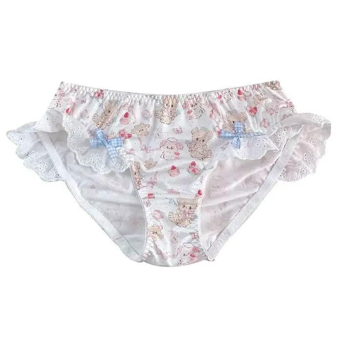 Culotte à volants en dentelle avec nœud papillon pour femme, joli sous-vêtement imprimé ours de dess