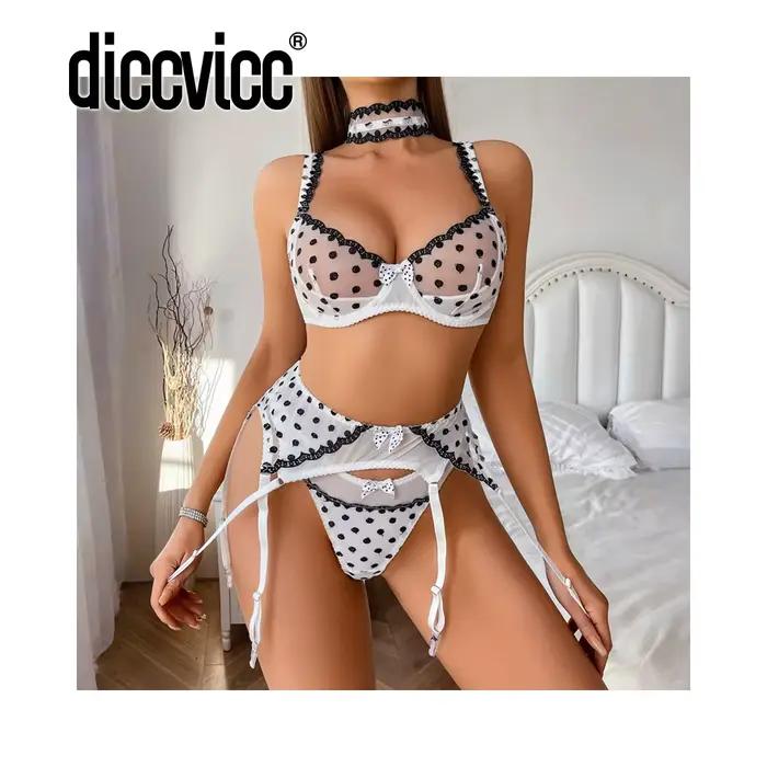 Diccvicc Lingerie à pois maille transparente voir à travers ensemble de sous-vêtements romantiques f