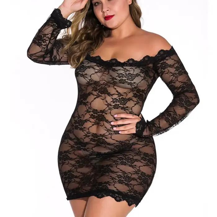 Chemises de nuit sexy en dentelle pour femmes, grande taille, épaules dénudées, lingerie érotique, m