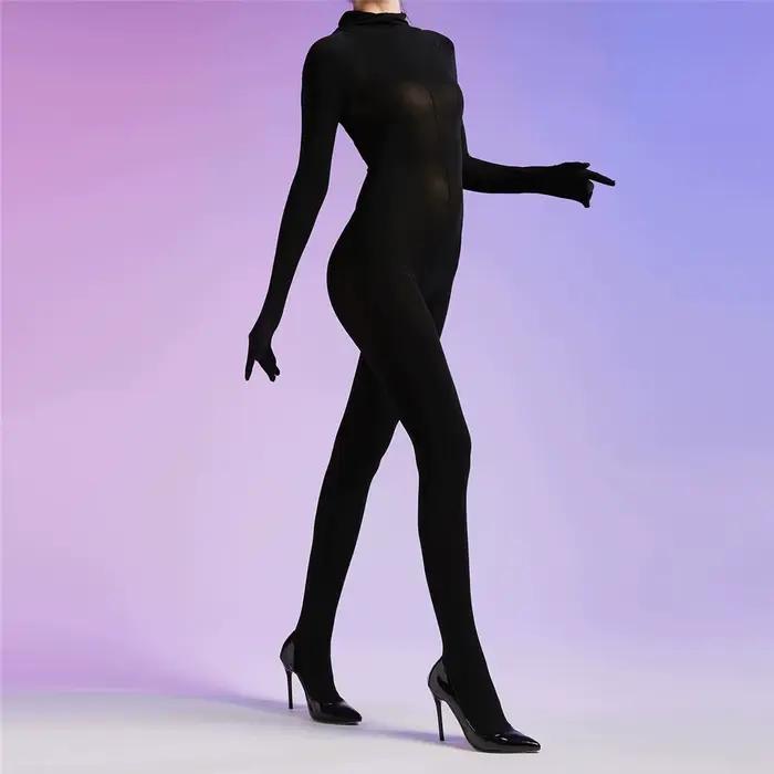 Body complet à manches gants en velours 120D pour femmes, Sexy, entrejambe ouvert, bas serré, justau