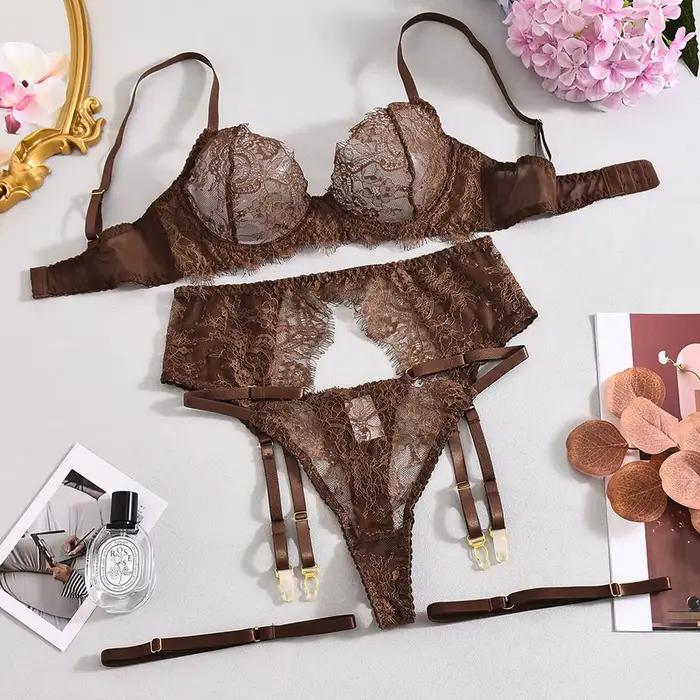 Ellolace Lingerie Solide Sexy et Élégante, Ensemble 3 Pièces avec Soutien-Gorge, Ceinture, String et