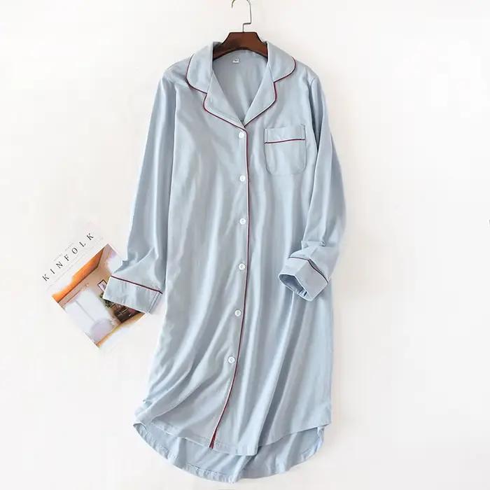 Automne longue tricot coton hauts de nuit femmes Cardigan à manches longues chemises de nuit solide 
