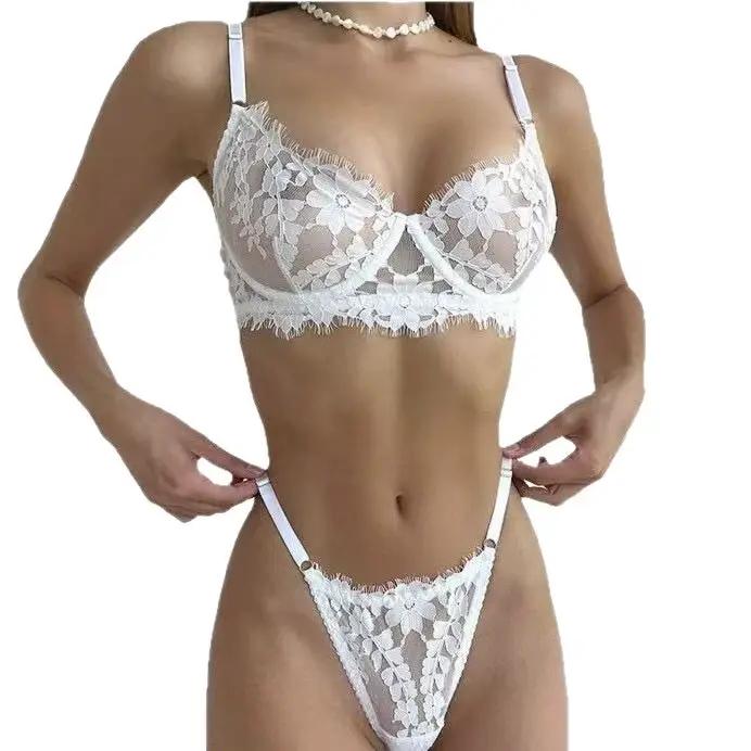 Ensemble de lingerie en dentelle blanche pour femme, soutien-gorge à armatures transparent et string