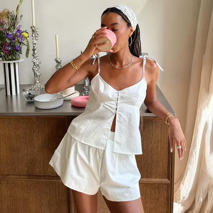 Pyjama rayé style Ins pour femme, nouvelle collection printemps-été 2026, ensemble deux pièces blanc