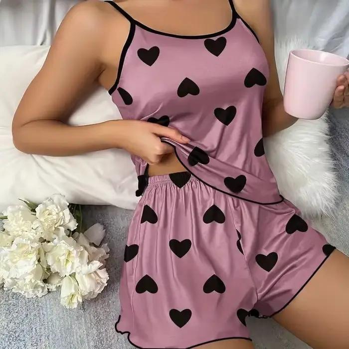 Ensemble de pyjama pour femmes, t-shirts et shorts, imprimé cœur rose, t-shirt à col rond, haut en s