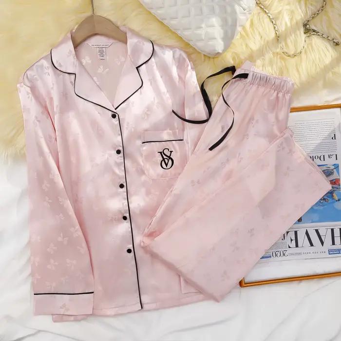 Pyjama en satin de soie pour femme Victoria's Secret, ensemble de pyjama respirant à boutons, manche