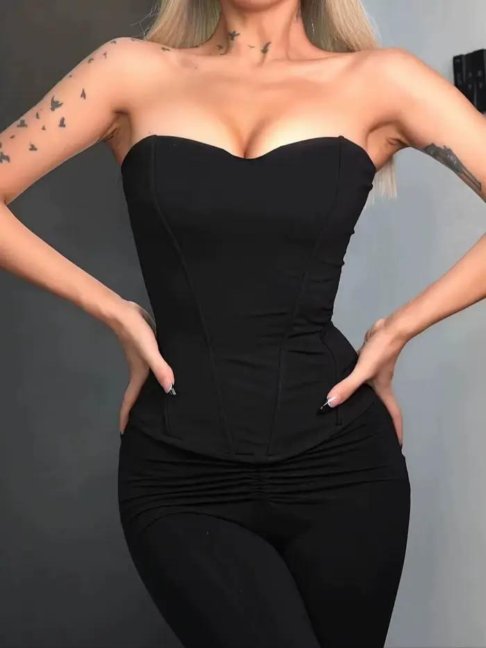 Haut corset noir pour femmes, débardeur bandeau sexy à épaules dénudées de couleur unie classique et