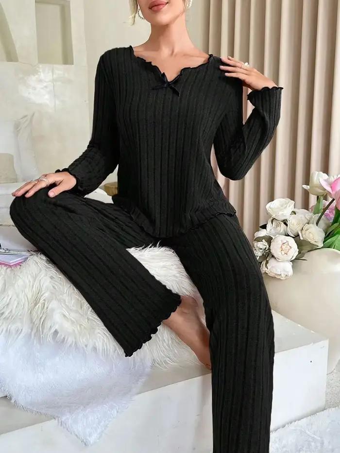 Ensemble pyjama chaud en flanelle pour femme, vêtements de nuit, T-shirt à manches longues, haut et 