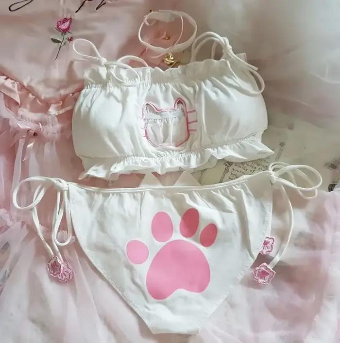 Ensemble soutien-gorge et culotte cosplay fille chat anime japonais, lingerie sexy pour femme, sous-