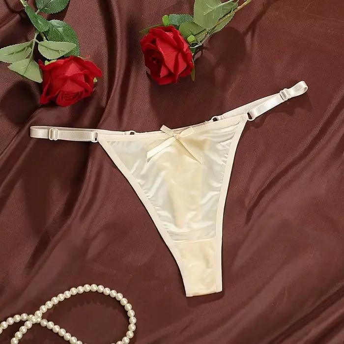 String T-back taille basse en satin transparent avec nœud, lingerie brodée, culotte transparente rom