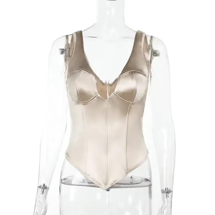 Débardeur Femme en Satin Champagne, Col en V, Style Corset, Sexy, Sans Manches, Dos Nu, Coupe Ajusté