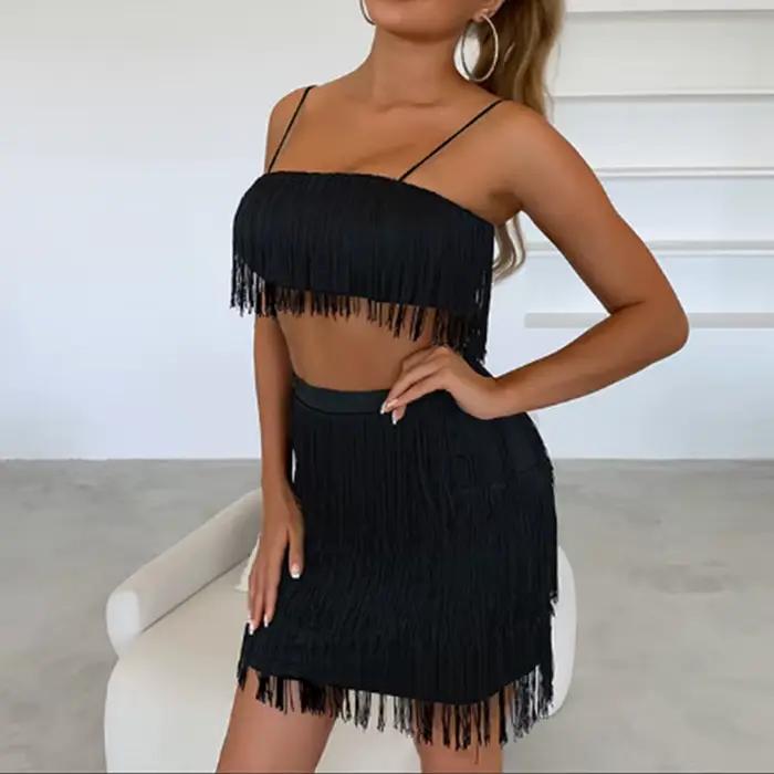 Ensemble deux pièces Sexy pour femme, débardeur, Mini jupe à franges, vêtements de fête, nouvelle co