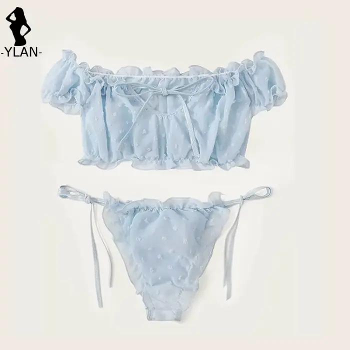 Ensemble de lingerie sexy pour femme en maille, soutien-gorge à épaules dénudées avec volants, culot