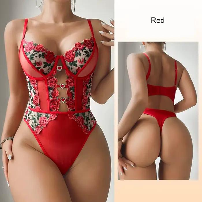 Body sexy en maille rouge avec broderie rose, combinaison moulante sans manches, décolleté en V, lin