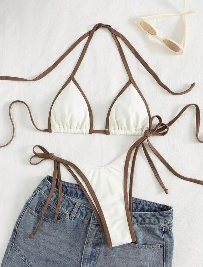 Sexy Beige contraste Bikini ensemble 2025 femmes licou Push Up soutien-gorge cravate côté string mai