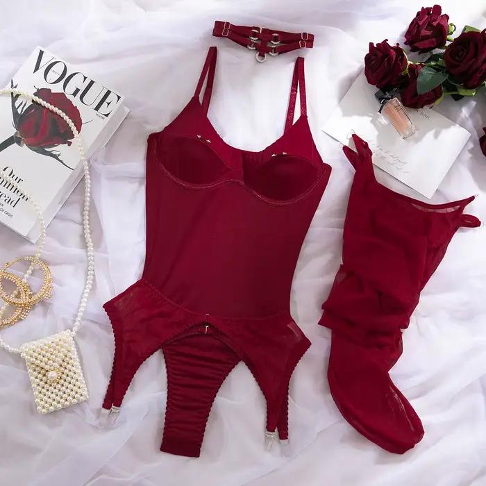 Ellolace Ensembles de lingerie solides pour femmes, Body Willowy à entrejambe ouvert, 5 pièces, avec