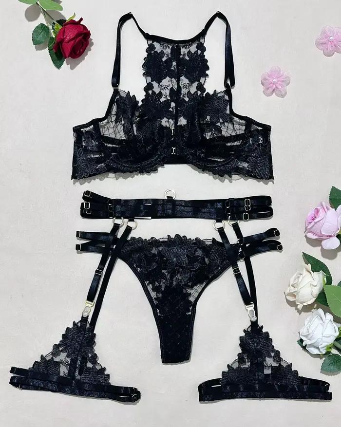 Bikini mode complexe artisanat broderie sangle croisée Lingerie Sexy push-up à armatures ensemble de