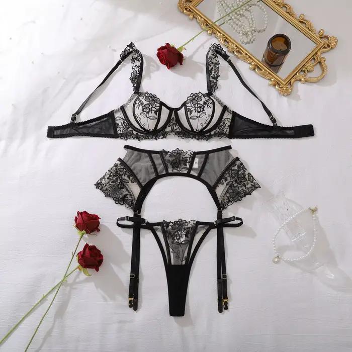Ellolace – Ensemble de lingerie élégant pour femmes, sexy, broderie florale, soutien-gorge à volants