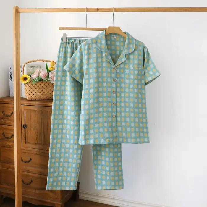 PAJAMAS à carreaux pour femmes, col rabattu, vêtements de nuit longs, simples et confortables, gaze 