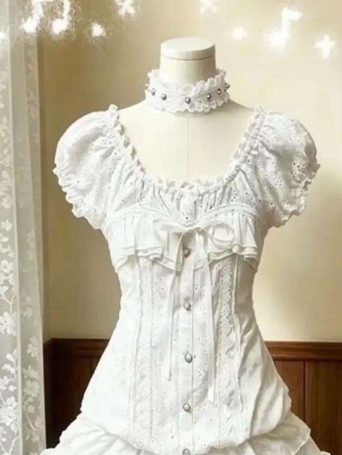Ensemble 2 pièces Sweet Lolita pour femme : chemisier ajusté à manches bouffantes et volants en dent