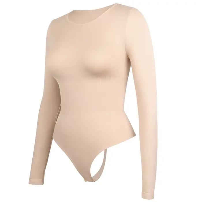 Femmes corps complet Shaper à manches longues col rond Shapewear minceur respirant Body ventre contr