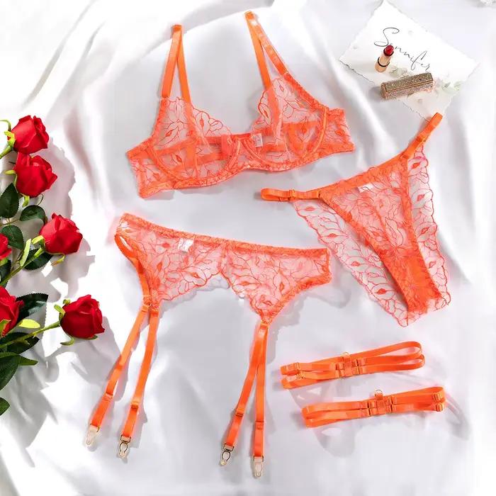 Ensemble de lingerie sexy 4 pièces avec broderie lèvres orange, soutien-gorge et string en maille tr