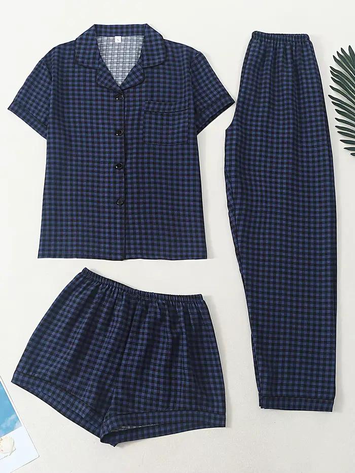 Pyjama femme, col tailleur, manches courtes, short et pantalon, ensemble 3 pièces, printemps été aut