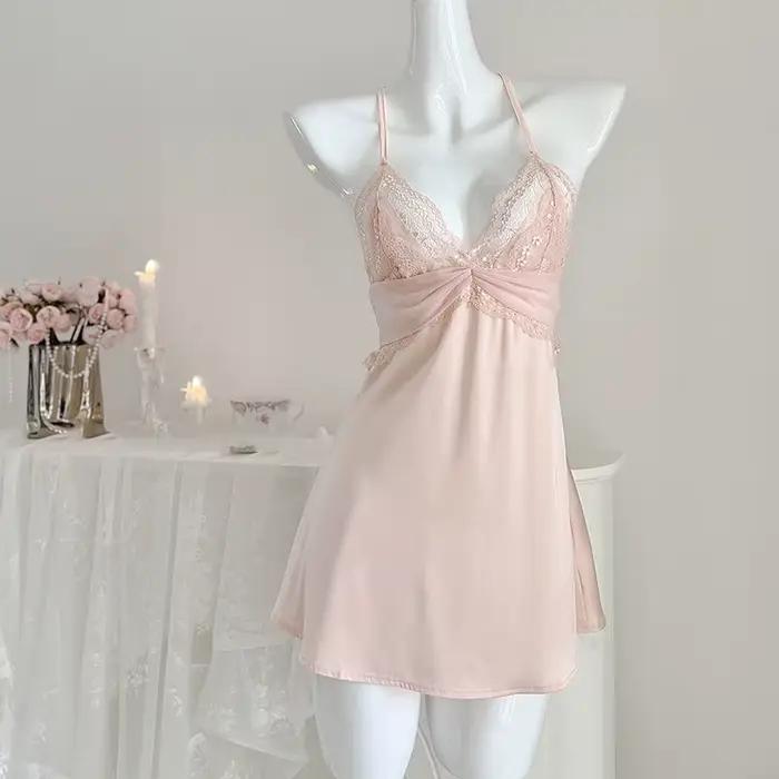 Robe de nuit princesse en dentelle sexy style court, pyjama d'été en satin dos nu