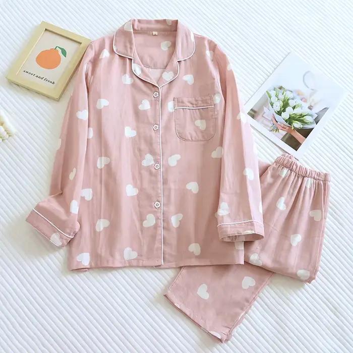 100% coton gaze pyjamas pour femmes amour coeur imprimé Sweety vêtements de nuit 2026 printemps auto