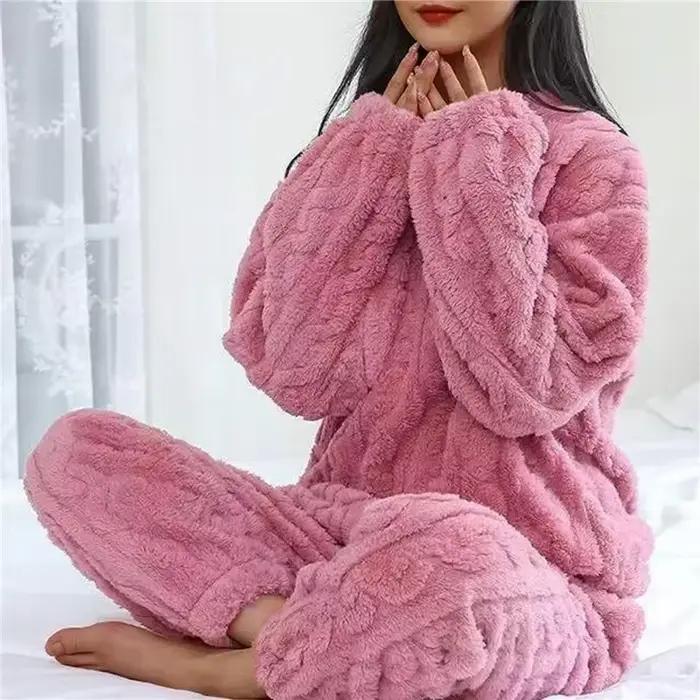 Ensemble pyjama en molleton d'hiver pour femmes, vêtements de nuit épais et chauds en peluche, doux 