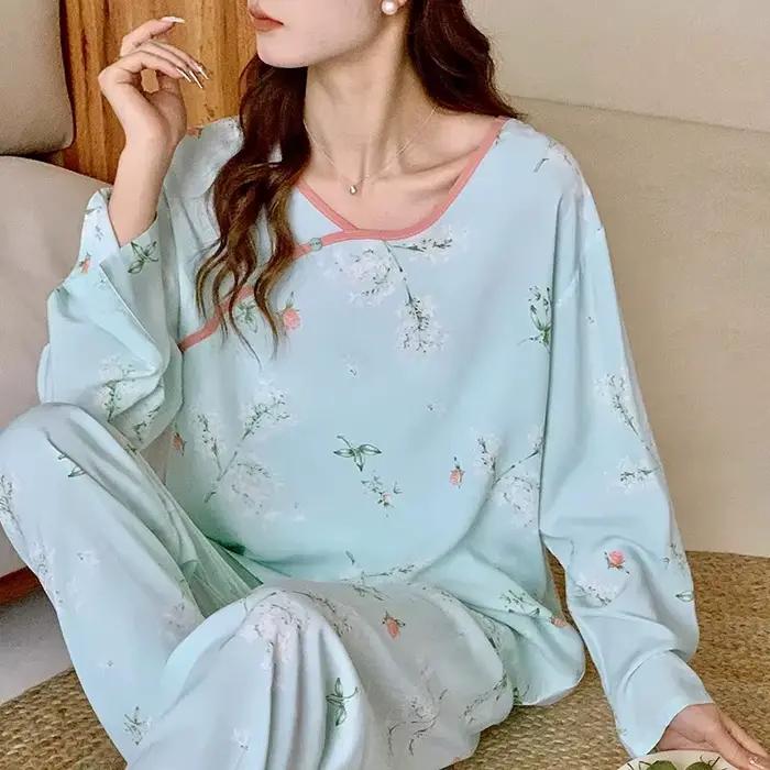 Pyjama en coton pour femmes, vêtements de maison, Style chinois, ensemble deux pièces, pantalon à ma