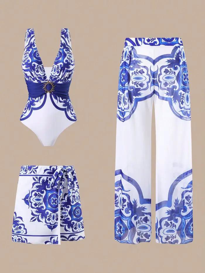 Ensemble de maillot de bain 3 pièces sexy pour femme, tendance, imprimé floral, pantalon long, maill