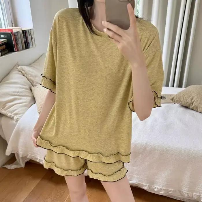 Pyjama sexy pour femmes, été, fin, manches courtes, décontracté, couleur unie, grande taille, shorts