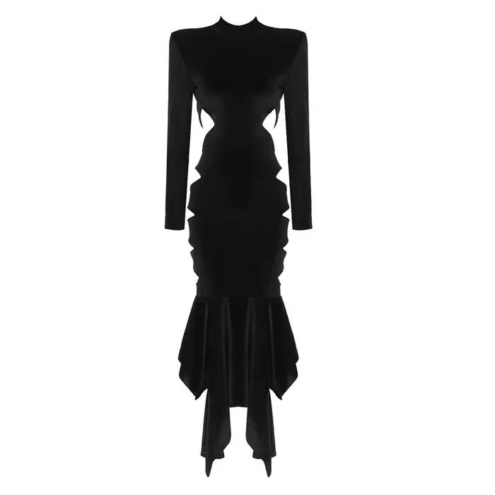 Robe Maxi en velours pour femmes, manches longues, à volants, Sexy, noir, ajouré, à la mode, boîte d
