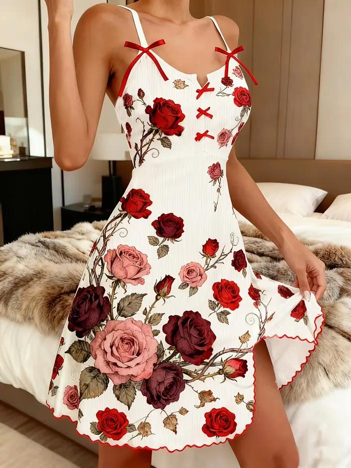 Chemise de nuit pour femme, imprimé numérique floral vintage motif vigne de roses, douce pour la pea