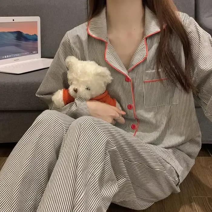 Pyjamas femmes à manches longues pantalon été gris Cardigan rayé vêtements de nuit vêtements de déte