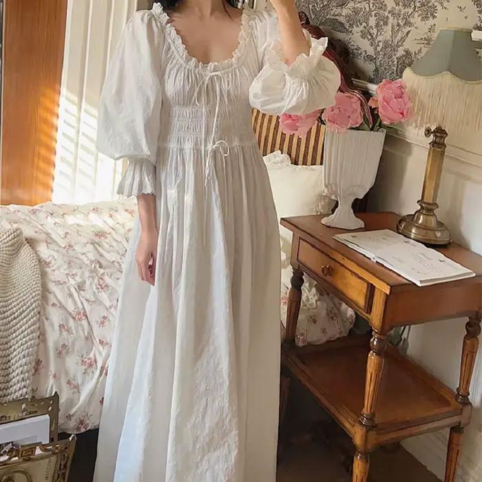 Haute qualité Vintage doux pur coton longues chemises de nuit pour les femmes à manches longues élég