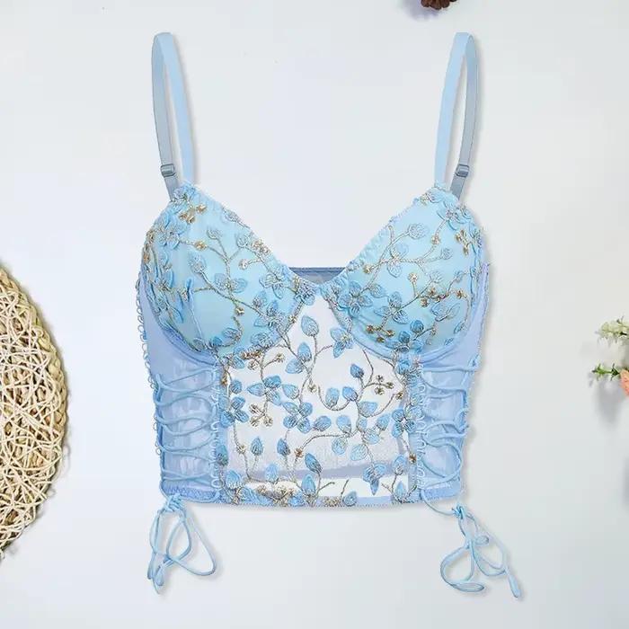 Femmes bleu Camisole gilet soutien-gorge broderie fleur Corsets coupe ajustée polyvalent dame haut C