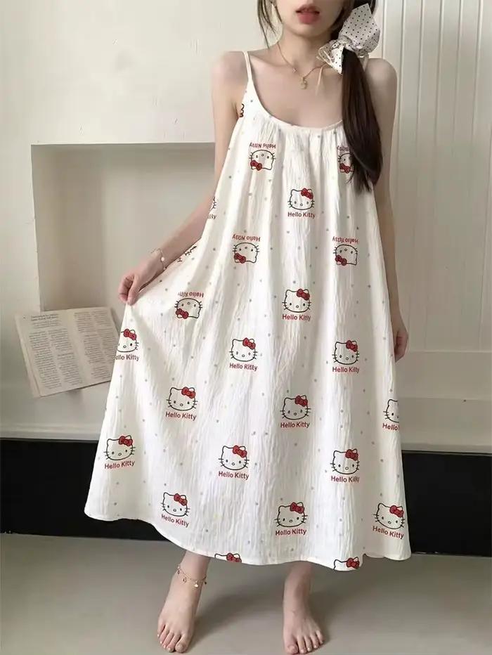 Robe de nuit mi-longue Hello Kitty pour femme avec soutien-gorge intégré, imprimé dessin animé migno