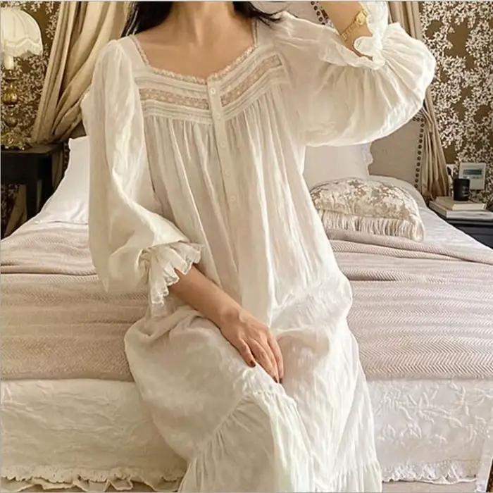 Femmes 100% coton blanc manches longues maison robe dentelle décor Vintage longues chemises de nuit 