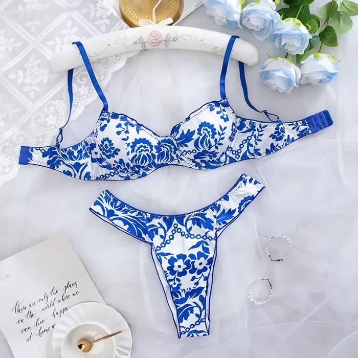 Ensemble de lingerie féminine bleu à imprimé floral, soutien-gorge et culotte élégants, sous-vêtemen
