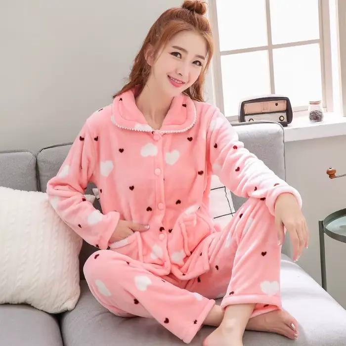 Pyjama chaud en velours de corail pour femme, vêtement de maison, rembourré, épais, en flanelle douc