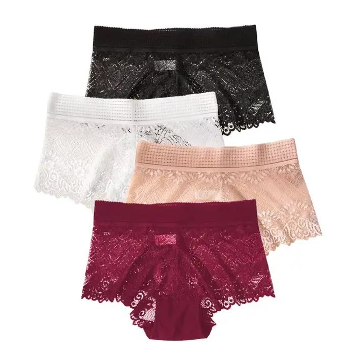 Lot de 4 culottes taille haute pour femme, sexy, en dentelle, transparentes, couleur unie, sans cout