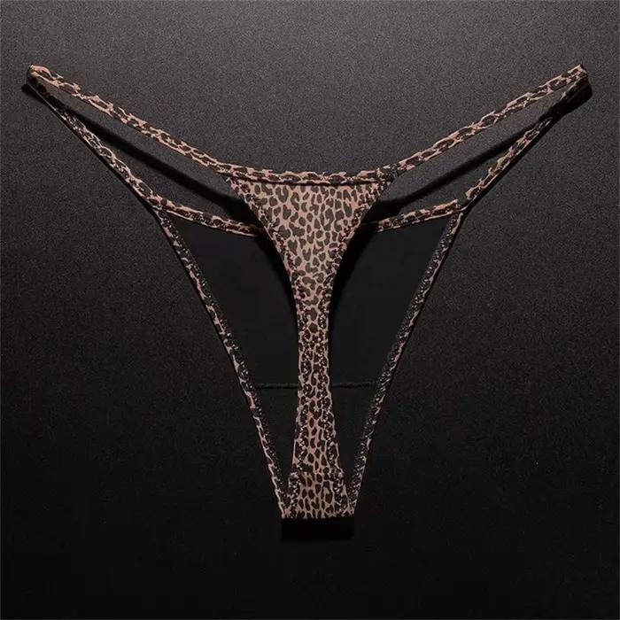 String imprimé léopard pour femmes, fente haute, sous-vêtements Sexy en soie glacée, sans couture, u